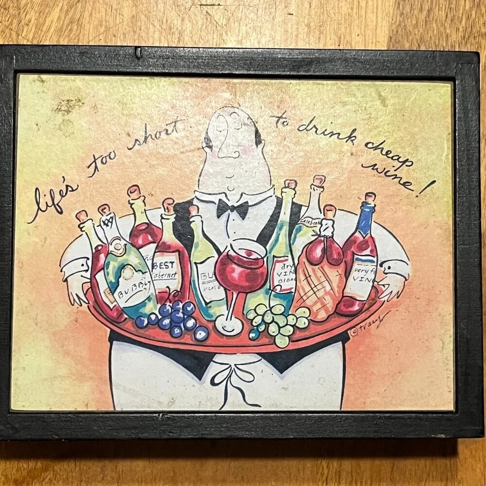 TRACY PORTER Art Coaster Set Chef Wine Quote Cork Back Wood Box 4pc Oval Decor